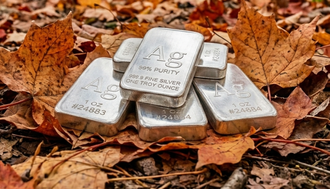 Lingotes de plata Ag 99,9% sobre hojas de otoño en un bosque: plata secundaria de origen renovable certificado