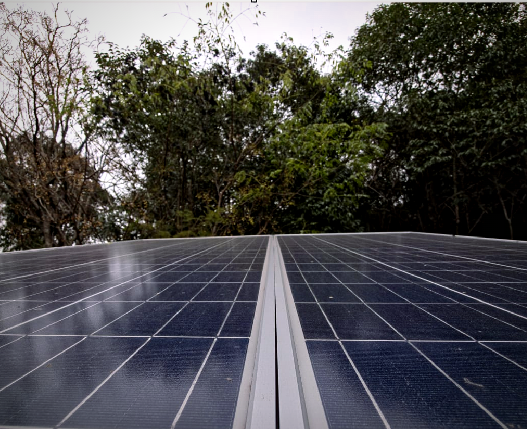 Panel solar con un bosque de fondo: el residuo recuperado vuelve a la naturaleza como metal limpio